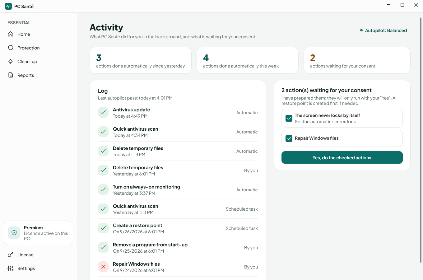 PC Santé Activity screen: actions done on its own and actions awaiting your consent