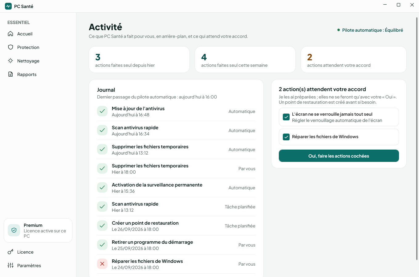 Écran Activité de PC Santé : actions faites seul et actions qui attendent votre accord