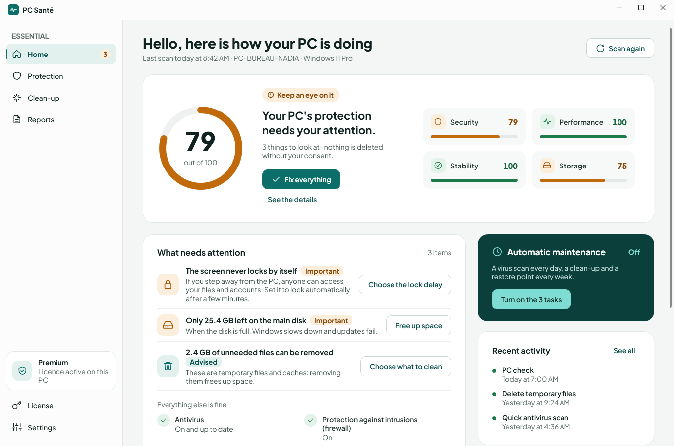 PC Santé home screen: health score 79 out of 100 and the points to check