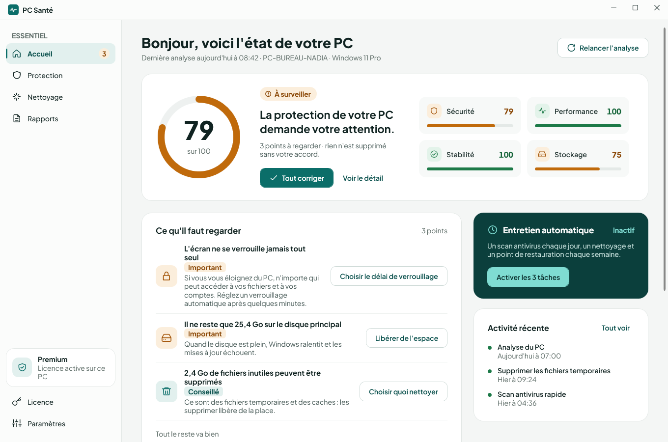 Écran d'accueil de PC Santé : score de santé 79 sur 100 et les points à regarder