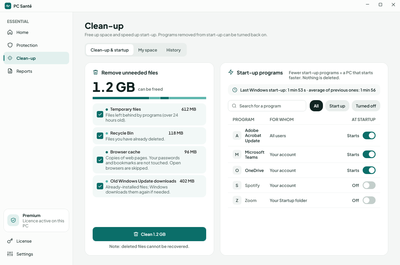PC Santé Cleanup screen
