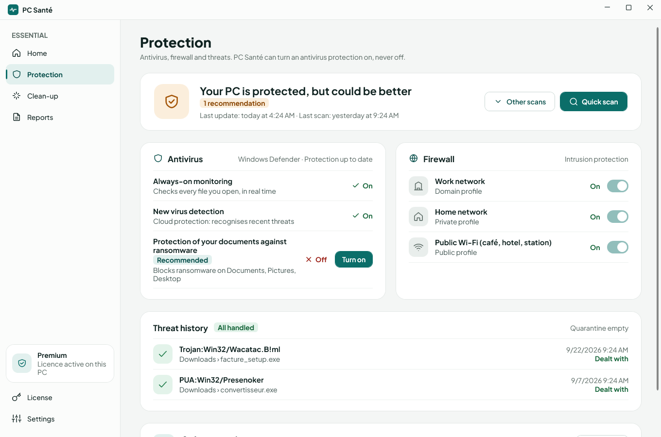 PC Santé Protection screen: antivirus and firewall