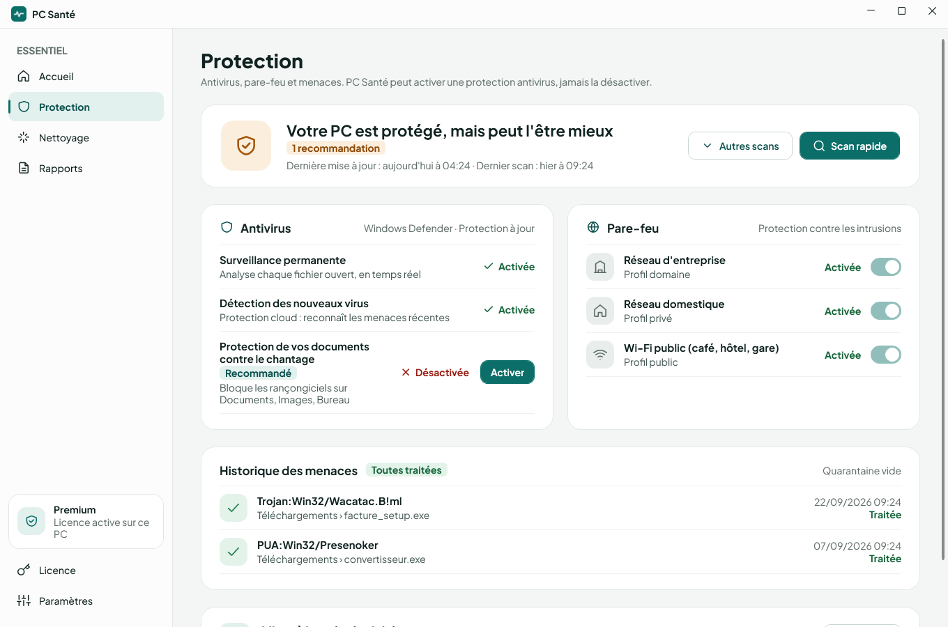 Écran Protection de PC Santé : antivirus et pare-feu