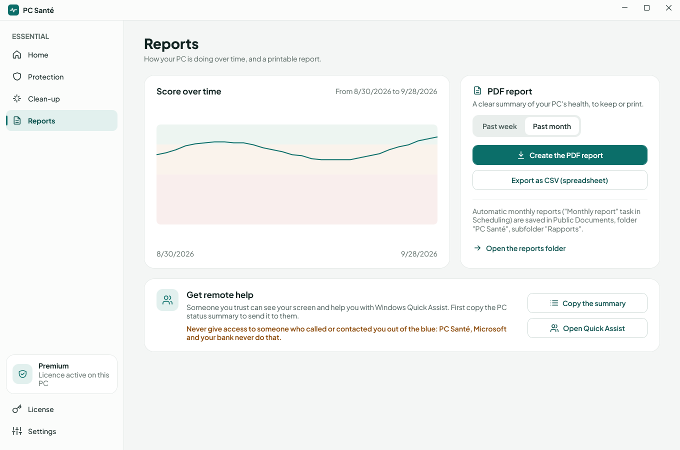 PC Santé Reports screen