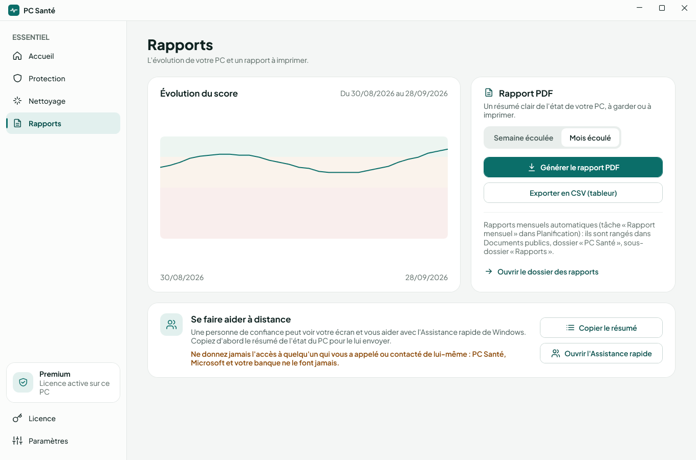 Écran Rapports de PC Santé
